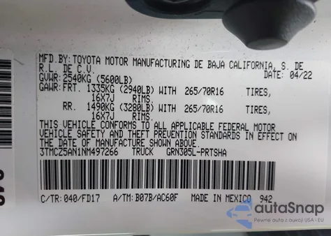 2022 Toyota Tacoma Trd Off Road z USA, uszkodzony, nr VIN 3TMCZ5AN1NM497266